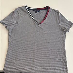 Tommy Hilfiger Navy and White Striped V-Neck Tee